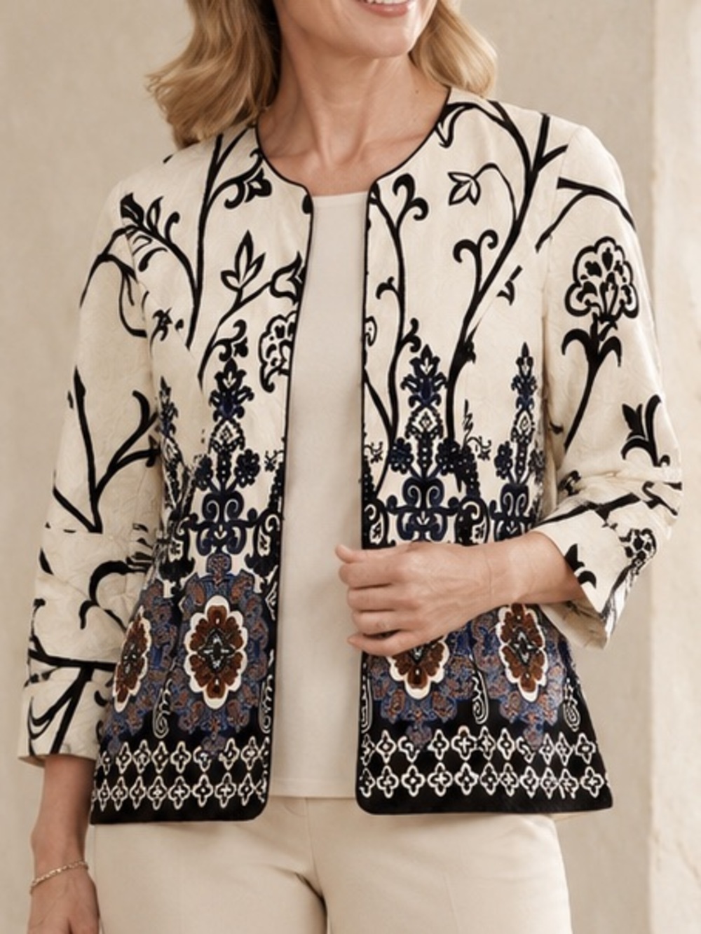 Coldwater Creek Embroidered Evening Jacket Boho Art to Wear Open Blazer Size 8